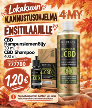 KANNUSTUSOHJELMA ENSITILAAJILLE LOKAKUUSSA CBD 100% Hampunsiemenöljy 30ml & CBD Shampoo 400ml