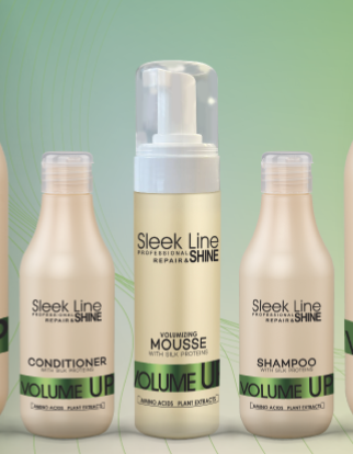 Sleek Line VOLUME UP 3:n tuotteen setti (Shampoo, Hoitoaine ja Muotoiluvaahto 300ml)